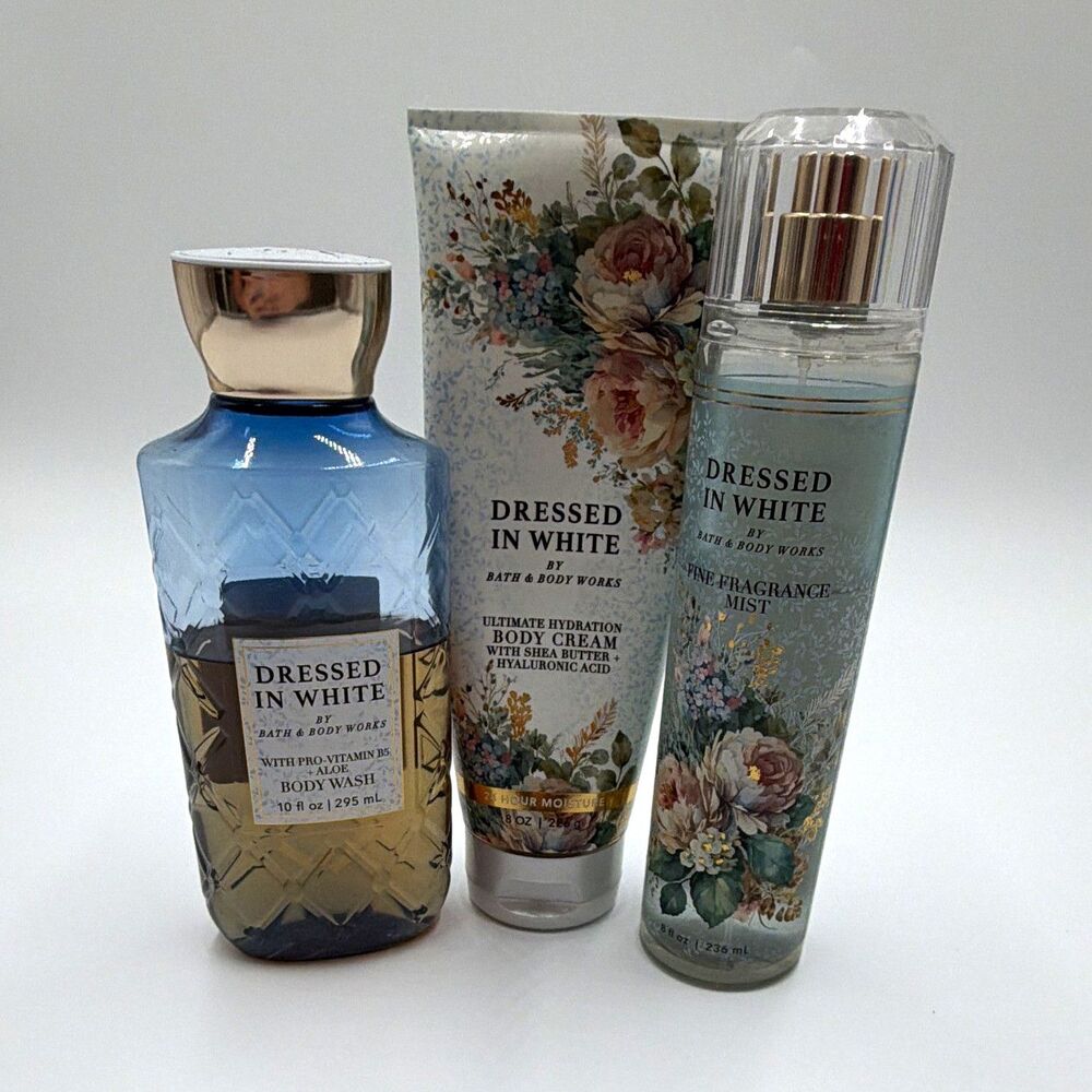 Bath & Body Works Dressed in White 3pc Set Mist, Body Wash & Cream, Derm